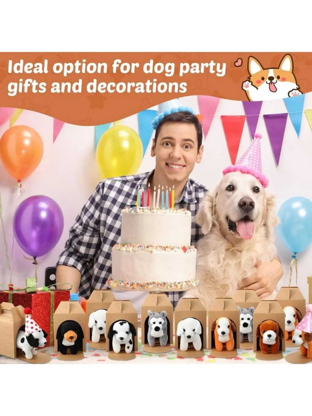 12 Mini Plush Dog Stuffed Animals Set with Birthday Hats & Gift Boxes - Party